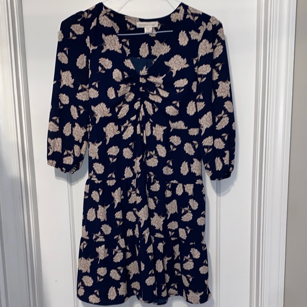 Monteau Dark Blue Dress with Cream Floral Pattern